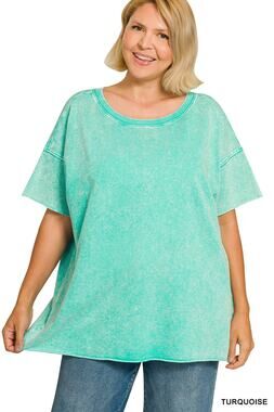 Zenana acid wash french terry top -Turquoise-2X/3X